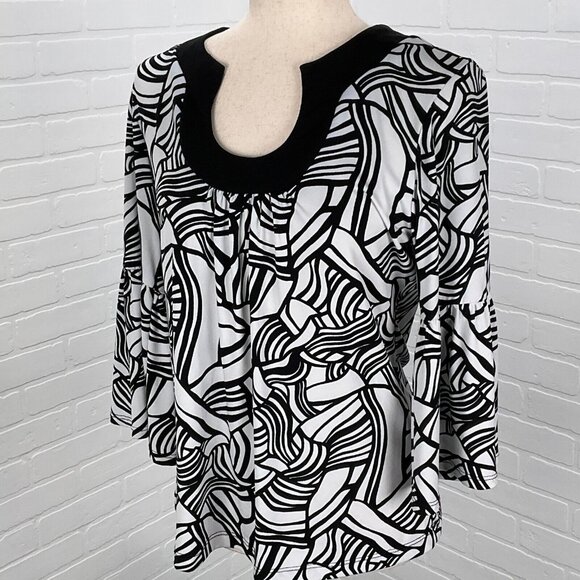 Chicos Top Women 1 Medium 8‎ Black White Smock Stretch Flare Scoop Tunic USA - Picture 1 of 11